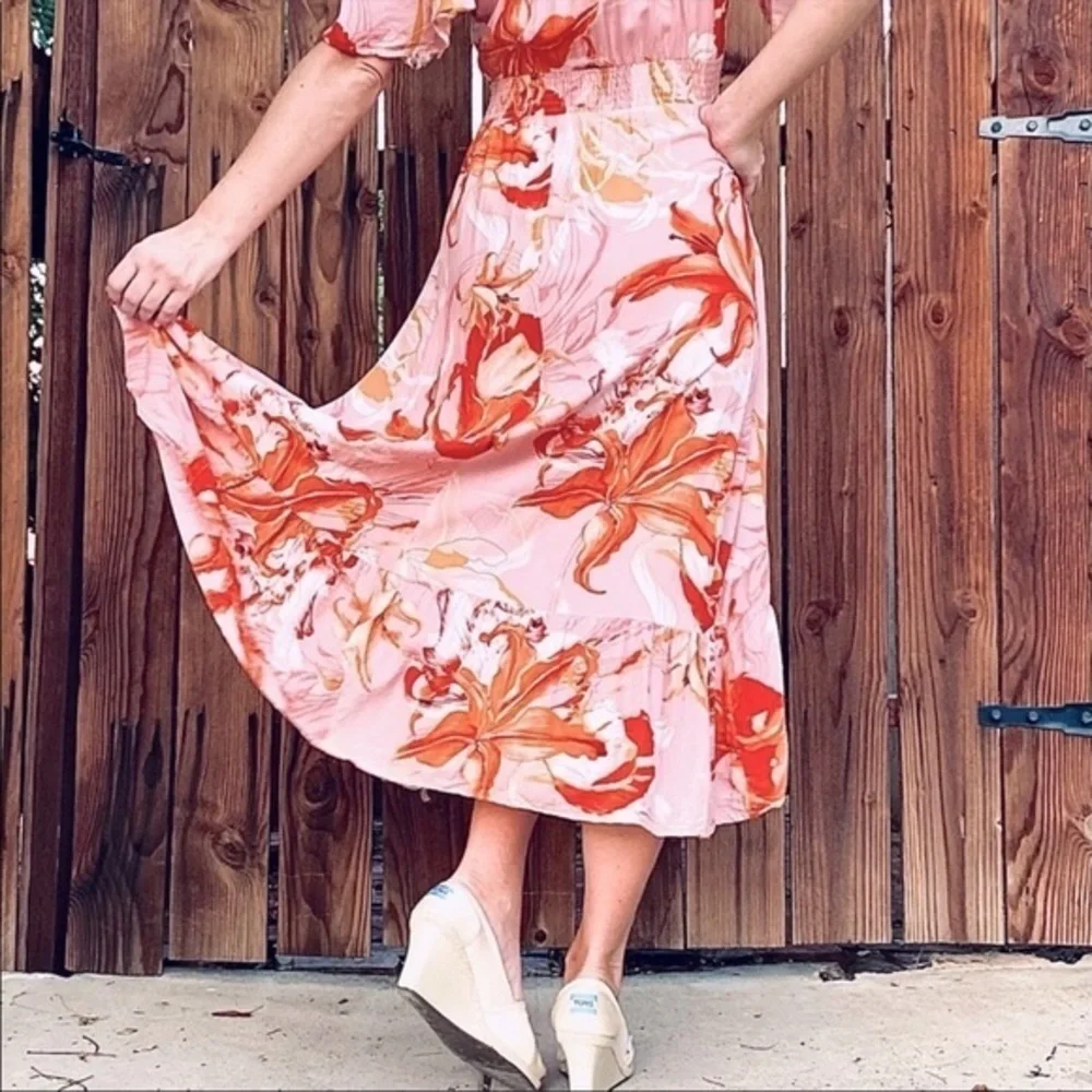 Pink Floral Lily Print High Low Maxi Dress Short Flutter Sleeve‎ Smocked Waist